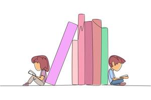 Single kontinuierlich Linie Zeichnung Kinder lesen Sitzung gelehnt gegen ein Stapel von Bücher. Gewohnheit von lesen Bücher jeder Tag. Bibliothek. gut Gewohnheit. Buch Festival Konzept. einer Linie Design Illustration vektor