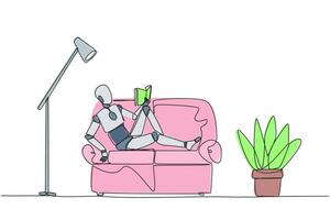 Single einer Linie Zeichnung Clever Roboter Sitzung gedehnt aus auf Sofa lesen Buch. Ja wirklich mögen Inhalt von das Buch lesen auf jeder Buchseite. beeindruckend. Liebe lesen. kontinuierlich Linie Design Grafik Illustration vektor
