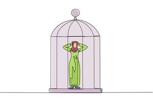 kontinuierlich einer Linie Zeichnung arabisch Geschäftsfrau gefangen im Käfig Stehen frustriert halten Kopf. Angst verursacht kann nicht Bewegung frei. eingesperrt. kippen arbeiten. Single Linie zeichnen Design Illustration vektor