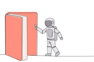 Single einer Linie Zeichnung Astronaut öffnen das buchförmig Tür. Buch können öffnen Verstand und sehen überall. erhöhen, ansteigen Wissen Über das breiter Welt. Buch Festival. kontinuierlich Linie Design Grafik Illustration vektor