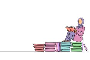 enda kontinuerlig linje teckning arab kvinna Sammanträde koppla av läsning bok på lugg av böcker. koppla av medan läsning fiktion bok. njut av story. bok festival begrepp. ett linje design illustration vektor