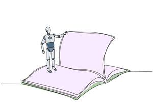 Single einer Linie Zeichnung Clever Roboter Stehen Über öffnen Hauptbuch drehen Buchseite. lesen langsam zu verstehen Inhalt von jeder Buchseite. lesen erhöht sich Einblick. kontinuierlich Linie Design Grafik Illustration vektor