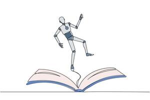 kontinuierlich einer Linie Zeichnung Roboter schweben Über ein öffnen Buch. Phantasie zu Sein Roboter Astronaut schwebend im äußere Raum. genießen das Handlung. Buch Festival. Single Linie zeichnen Design Illustration vektor