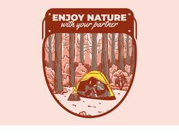 Camping im Natur mit Partner. Jahrgang draussen Illustration vektor