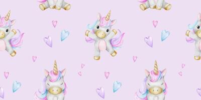 skriva ut av söt liten unicorns och hjärtan. bakgrund av bebis ponnyer. vattenfärg hand dragen sömlös mönster för barns rum, varor, kläder, vykort, bebis dusch och barnkammare, tyg vektor