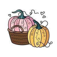 Herbst Kürbisse mit Ornament und Korb. süß Hand gezeichnet Illustration. bezaubernd kawaii Komposition. Karikatur eben Clip Art zum saisonal Gruß Karten, Aufkleber, Verpackung. vektor