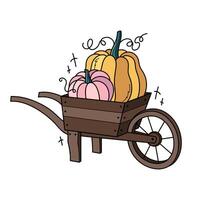 Herbst Kürbisse im hölzern Wagen. süß Hand gezeichnet Illustration. bezaubernd kawaii Komposition. Karikatur eben Clip Art zum saisonal Gruß Karten, Drucke, Aufkleber, Verpackung. vektor