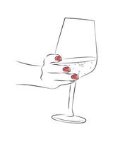 Hand halten trinken Jahrgang. retro Hand gezeichnet Hände mit skizzieren Alkohol Schuss und Bier, Wein und Brandy Glas isoliert auf Weiß Hintergrund. minimalistisch linear Illustration. weiblich Hand. vektor