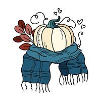 pumpa i scarf och röd löv. söt hand dragen höst illustration. förtjusande söt sammansättning. tecknad serie platt ClipArt för säsong- hälsning kort, klistermärken, förpackning. vektor