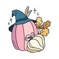 Herbst Kürbis im Hexe Hut und Gelb Eiche Blätter. süß Hand gezeichnet Illustration. bezaubernd kawaii Komposition. Karikatur eben Clip Art zum saisonal Gruß Karten, Drucke, Aufkleber, Verpackung. vektor