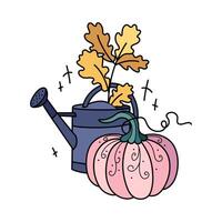 höst pumpa och gul ek löv i vattning burk. söt hand dragen illustration. förtjusande söt sammansättning. tecknad serie platt ClipArt för säsong- hälsning kort, grafik, klistermärken, förpackning. vektor