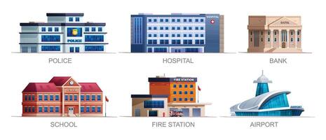 uppsättning av stad byggnader illustration. polis station, sjukhus, Bank, skola, brand station och flygplats vektor