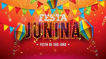 festa junina Illustration mit Papier Laterne, Party Flaggen und Licht Birne Plakatwand Beschriftung auf rot Hintergrund. Brasilien sao Joao Juni Festival Design zum Gruß Karte, Banner oder Urlaub Poster vektor