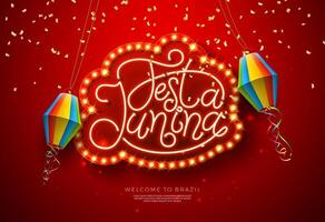 festa junina illustration med papper lykta, faller konfetti och lysande neon ljus text på röd ljus Glödlampa billboard bakgrund. Brasilien juni festival design för hälsning kort, baner eller vektor