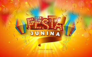 festa junina Illustration mit Licht Birne Plakatwand Beschriftung, Papier Laterne und Band auf Sonne Gelb Hintergrund. Brasilien Juni Heilige John Festival Design zum Gruß Karte, Banner oder Urlaub vektor