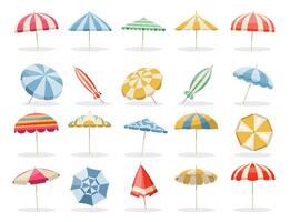 Strand Regenschirm. Sommer- Sonnenschirm, Schutz von Sonne eben Design, bunt oben Aussicht von Meer Strand Sonnenschirm, Urlaub und Ferien Regenschirm Konzept. einstellen vektor