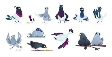 söt duva tecken. tecknad serie flygande duvor med annorlunda känslor, romantisk par och familj med ungar, flygande fåglar i kärlek. uppsättning vektor