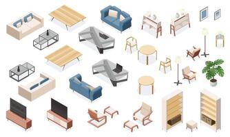 isometrisk levande rum möbel. modern lägenhet interiör element, soffa fåtölj kaffe tabell, Hem 3d scen utrustning med interiör Utrustning. illustration vektor