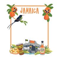 vertikal ram med landmärken av jamaica. traditionell mat, kolibri, strand bar, nationell frukt ackee, rastafarianism, vattenfall, rom. för de design av resa broschyrer, turist Kartor. vektor