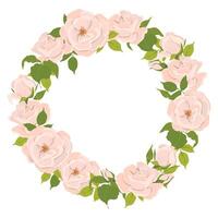 runda ram med rosa rosor. blommig krans i platt stil. logotyp mall, blommig ram för bröllop, mors dag hälsning kort. beige ro för först gemenskap. vektor