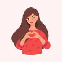 schön Mädchen im ein rot Sweatshirt Herstellung Herz gestalten mit Hände. das Konzept von selbst Liebe. glücklich Frau mit Liebe im Herz vektor