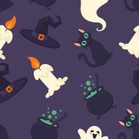 halloween sömlös mönster. häxa hatt, katt, ljus, spöke. illustration vektor