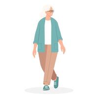 ett äldre kvinna med grå hår promenader och utseende till de sida vektor