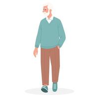 ein Alten Mann mit grau Haar und ein Bart Spaziergänge und sieht aus zu das Seite. eben Illustration vektor