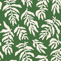 minimal tropisk löv sömlös mönster. grön stiliserade geometrisk tropisk lövverk. abstrakt blommig upprepa bakgrund med hand dragen löv i minimalistisk stil. sommar skriva ut, textil- design. vektor
