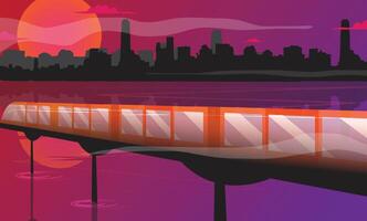 landskap av solnedgång, stadsbild och tåg eller metro järnväg gående genom över bro ovan flod eller hav illustration. modern transport begrepp. vektor