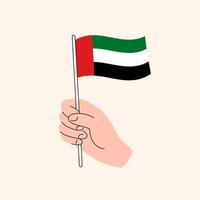 tecknad serie hand innehav förenad arab emirates flagga, isolerat design. vektor