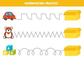 Rückverfolgung Linien mit süß Karikatur Spielzeuge und Kasten. Schreiben ausüben. vektor