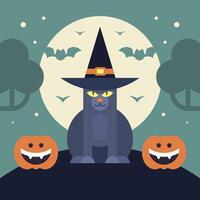 Halloween Kinder Gruß Karte mit süß schwarz Katze Kürbis Mond Hintergrund eben Illustration vektor