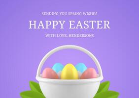 glücklich Ostern gemalt Hähnchen Eier Korb Frühling Grün Blätter Laub 3d Gruß Karte Design Vorlage vektor