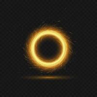 illustration av ljus eldig magisk portal med reflexion, lysande lampor i form av gnistrande cirkel på mörk transparent bakgrund. runda ram mall. glöd spår effekt, gnistor, brand vektor