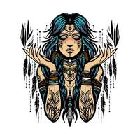 skön schaman kvinna porträtt i stam- illustration, andlig väsen, mystisk magi av inhemsk kultur, etnisk elegans. porträtt av en shamansk lady för vykort, kläder, t skjorta vektor