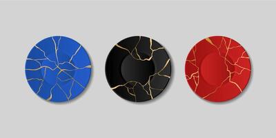 Kintsugi Platten, gebrochen Platten mit golden Risse, japanisch Kunst von Reparatur. reparieren geknackt Keramik mit Gold, Marmor Muster Teller Satz. schwarz und Blau und rot Geschirr. vektor