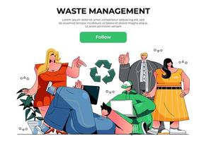 Abfallmanagement-Web-Banner-Konzept. Freiwillige Männer und Frauen kümmern sich um Ökologie, ökologisches Sozialprojekt, Müllrecycling, Zielseitenvorlage. Vektor-Illustration mit Menschenszene im flachen Design vektor