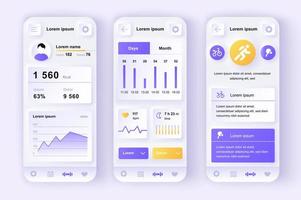 Fitness-Workout-Konzept neumorphe Vorlagen eingestellt. Sportaktivitäts-Tracker, Kalorien-Tracking, Trainingsstatistiken. ui-, ux-, gui-Bildschirme für reaktionsschnelle mobile Apps. Vektor-Design-Kit im Neumorphismus-Stil vektor