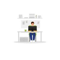 kontorsarbetare med laptop platt vektorillustration. man arbetar vid skrivbord isolerade seriefigur på vit bakgrund. chef, designer, programmerare med PC. arbetsplats, arbetsplats vektor