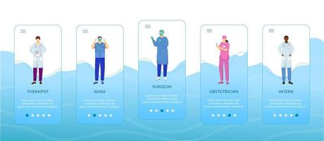 medizinisches Fachpersonal beim Onboarding der Bildschirmvektorvorlage für mobile Apps. Therapeut, Krankenschwester, Chirurg, Geburtshelfer. Walkthrough-Website-Schritte mit flachen Zeichen. ux, ui, gui Smartphone-Cartoon-Schnittstelle vektor