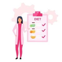 Diät-Ernährungsplan flache Vektorgrafiken. weibliche Ernährungsberaterin, die gesundes Essen zum Abnehmen verschreibt, isolierte Zeichentrickfigur auf weißem Hintergrund. Ernährungsberater empfiehlt Essensplan vektor