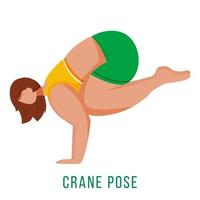 kran utgör platt vektorillustration. bakasana. kaukusisk kvinna som utför yogaställning i gröna och gula sportkläder. träna. motion. isolerade seriefigur på vit bakgrund vektor