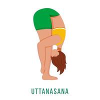 uttanasana platt vektorillustration. stående framåtböjd. kaukusisk kvinna som utför yogaställning i gröna och gula sportkläder. träna. isolerade seriefigur på vit bakgrund vektor