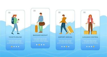 Reisen Onboarding Mobile App-Bildschirmvektorvorlage. Reise mit dem Flugzeug. Urlaubsreise. Walkthrough-Website-Schritte mit flachen Zeichen. ux, ui, gui Smartphone-Cartoon-Schnittstellenkonzept vektor