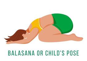 balasana platt vektorillustration. barnets ställning. kaukusisk kvinna som utför yogaställning i gröna och gula sportkläder. träna. motion. isolerade seriefigur på vit bakgrund vektor