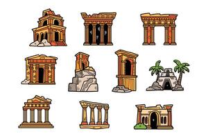 ein einstellen von zehn Gebäude mit ein Vielfalt von Stile, einschließlich ein Tempel, ein Palast vektor