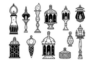 ein Sammlung von Laternen und Lampen mit ein Vielfalt von Formen und Größen vektor