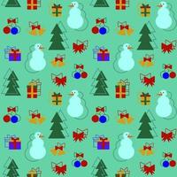 Vektor nahtlose bunte abstrakte Muster. Weihnachtsbäume, Kugeln, rote, blaue, gelbe Geschenkboxen, rote Bänder, Glocken auf grünem Hintergrund für Geschenkpapier, Tapeten, Postkarten, Textilien.
