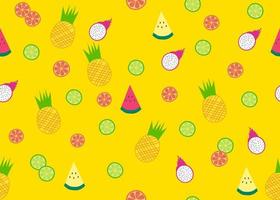 süßes nahtloses Muster von tropischen Früchten auf gelbem Hintergrund. Sie sind verschiedene bunte Früchte. Grafikdesign zum Dekorieren, Tapeten, Stoff usw. vektor
